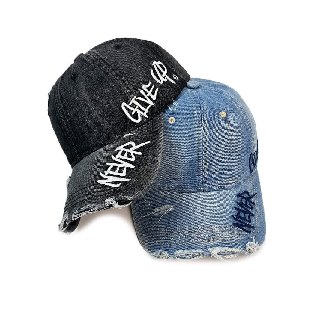 Never Give Up Embroidery Faded Denim Baseball Cap - image 3