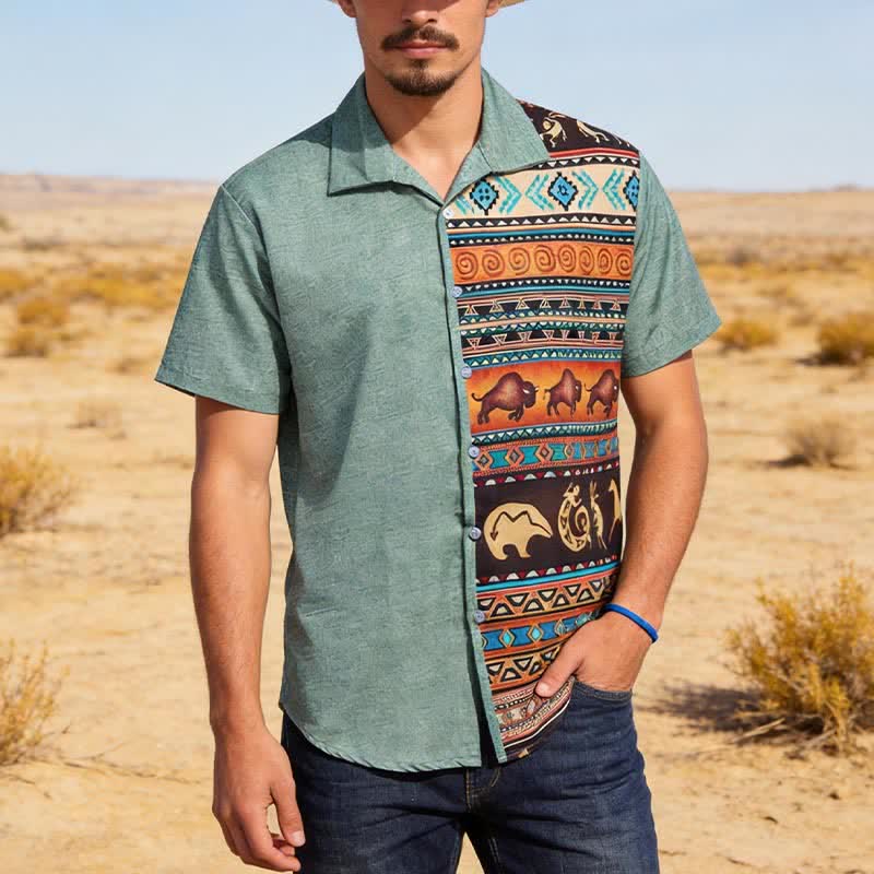 Men's Desert Petroglyph Bison Split Print Ethnic Shirt - Army Green - 5XL - image 0