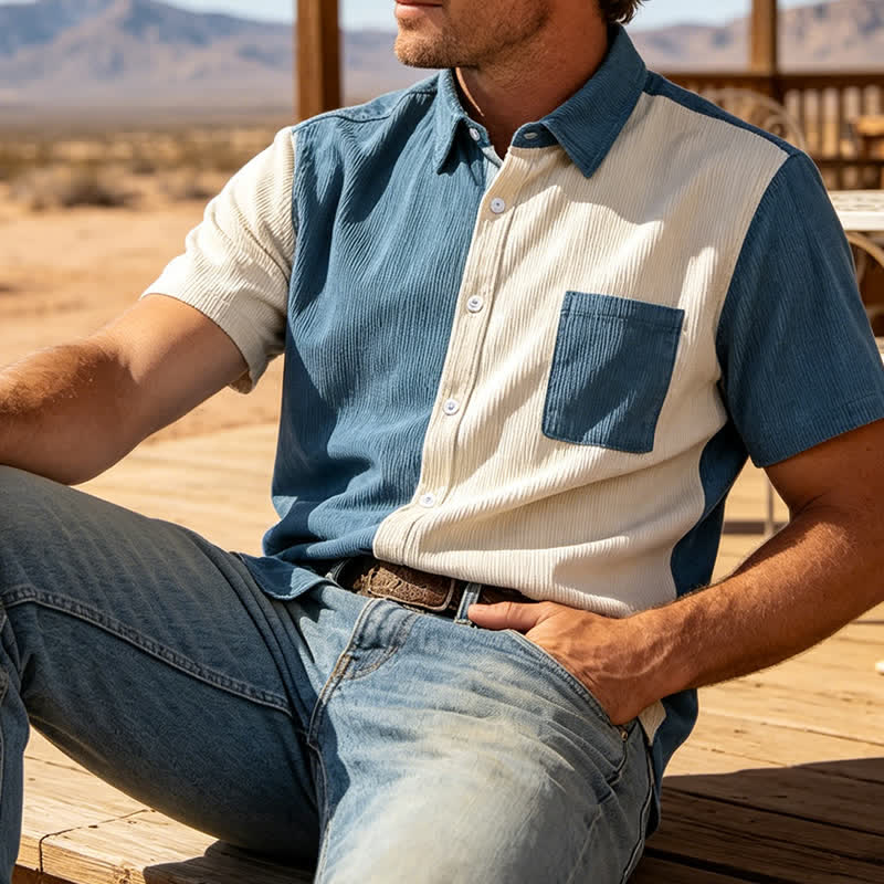 Men's Blue & White Split Color-Block Corduroy Shirt - Blue & White - 2XL - image 0
