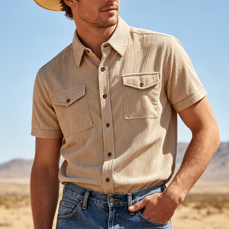 Men's Solid Color Dual Chest Pockets Workwear Corduroy Shirt - Beige - 3XL - image 0