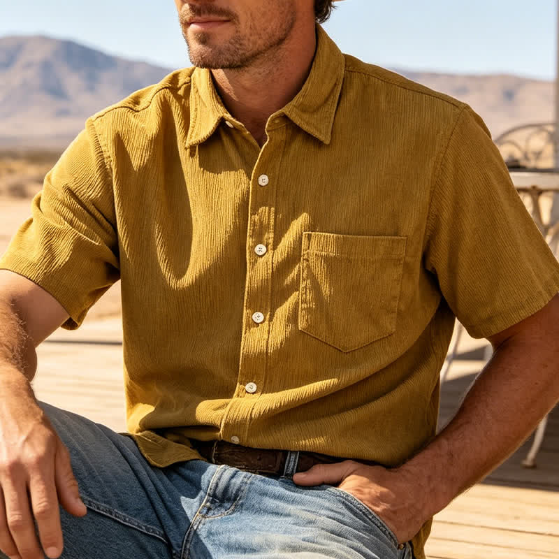 Men's 90s-Inspired Relaxed Short-Sleeve Corduroy Shirt - Yellow - 3XL - image 4