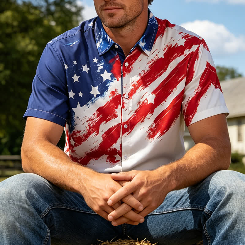 Vintage American Flag Brushstroke Print Short Sleeve Shirt - Red & Blue - 4XL - image 0