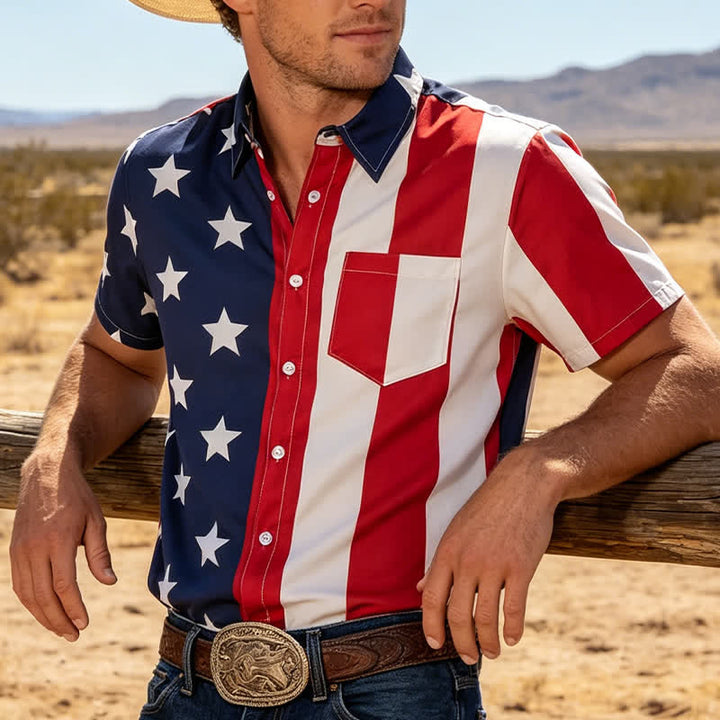 Split American Flag Star & Stripe Print Short Sleeve Shirt - Red & Blue - 4XL - image 0