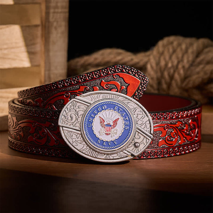 US Navy Eagle & Anchor Insignia DIY Hidden Folding Knife Buckle Leather Belt - Eagle & Anchor - Brown Carved Belt - 42 - image 6