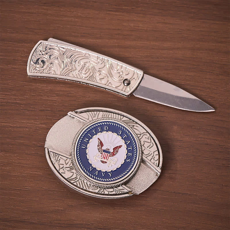 US Navy Eagle & Anchor Insignia DIY Hidden Folding Knife Buckle Leather Belt - image 1