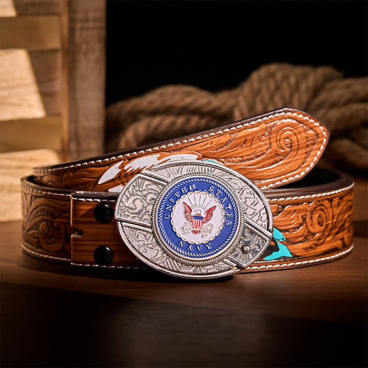 US Navy Eagle & Anchor Insignia DIY Hidden Folding Knife Buckle Leather Belt - Eagle & Anchor - Brown Feather Belt - 40 - image 7