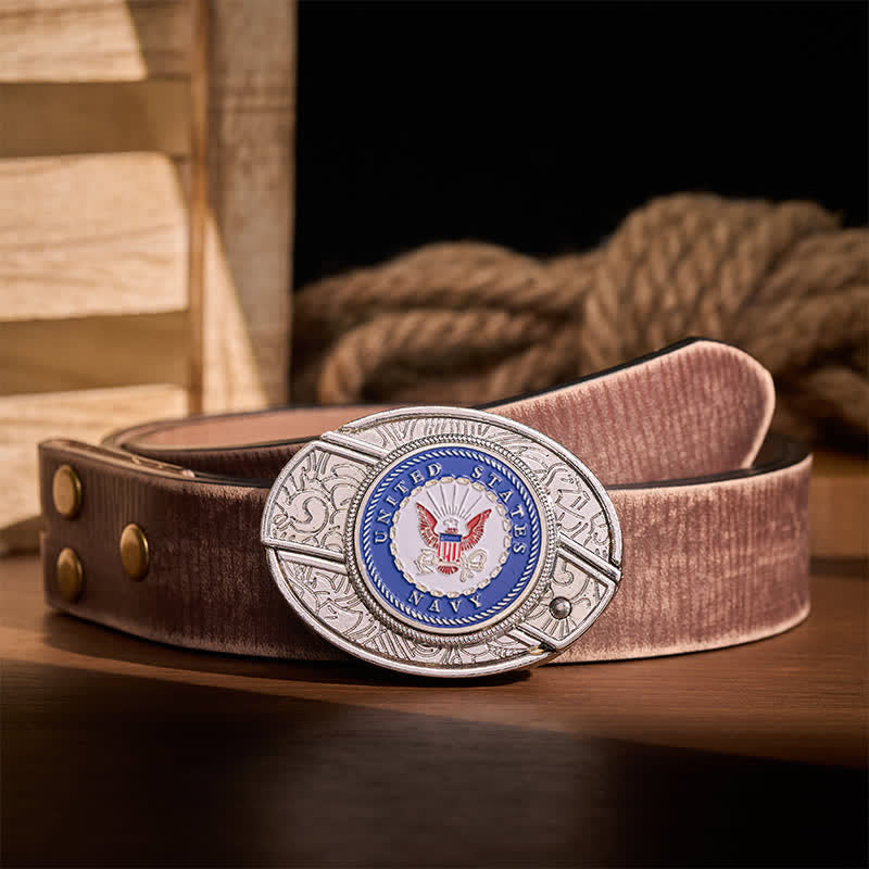 US Navy Eagle & Anchor Insignia DIY Hidden Folding Knife Buckle Leather Belt - Eagle & Anchor - Brown Distressed Belt - 42 - image 5