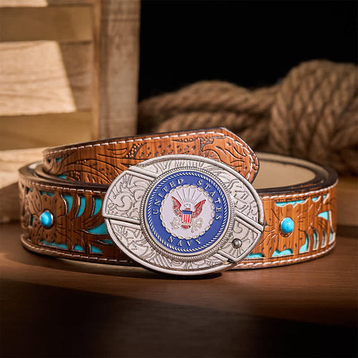 US Navy Eagle & Anchor Insignia DIY Hidden Folding Knife Buckle Leather Belt - Eagle & Anchor - Turquoise Carved Belt - 42 - image 3