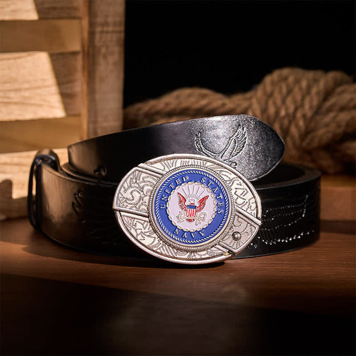 US Navy Eagle & Anchor Insignia DIY Hidden Folding Knife Buckle Leather Belt - Eagle & Anchor - Black Embossed Eagle Belt - 42 - image 2