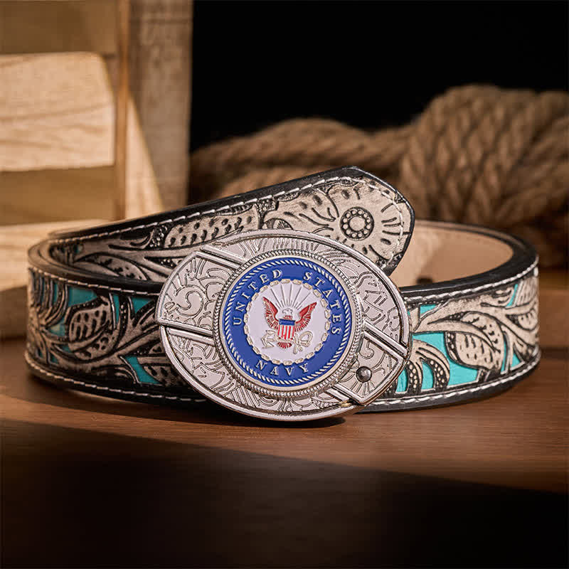 US Navy Eagle & Anchor Insignia DIY Hidden Folding Knife Buckle Leather Belt - Eagle & Anchor - Gray Floral Belt - 42 - image 8