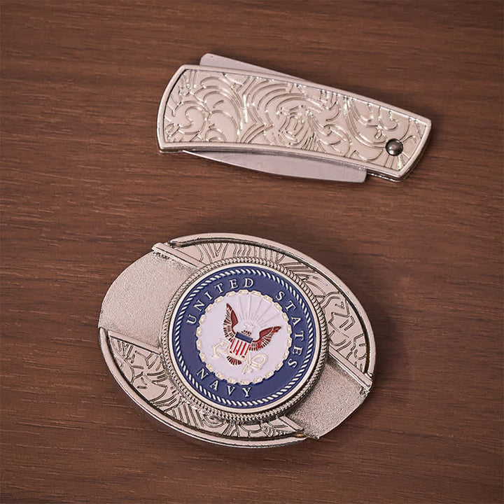 US Navy Eagle & Anchor Insignia DIY Hidden Folding Knife Buckle Leather Belt - image 10