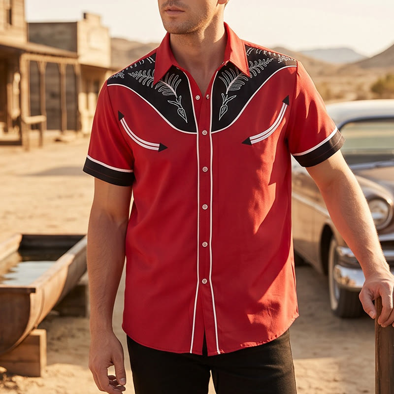 Men's Western Style Printed Short Sleeve Button Shirt - Red - 5XL - image 0