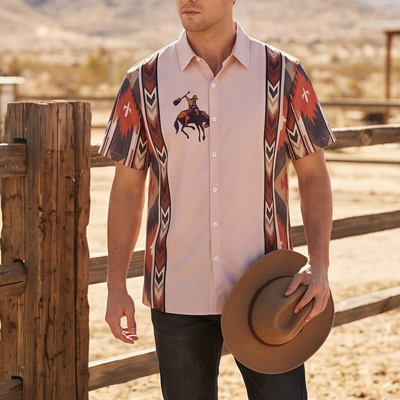 Men's Vintage Cowboy Rodeo Print Casual Short Sleeve Shirt - Pink - 5XL - image 0