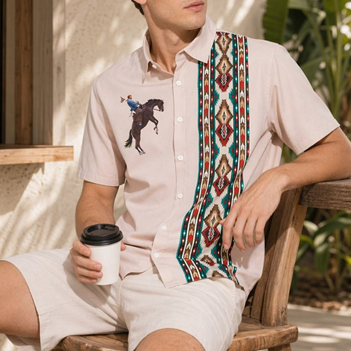 Men's Western Horse Print Casual Loose Short Sleeve Shirt - Pink - 5XL - image 0
