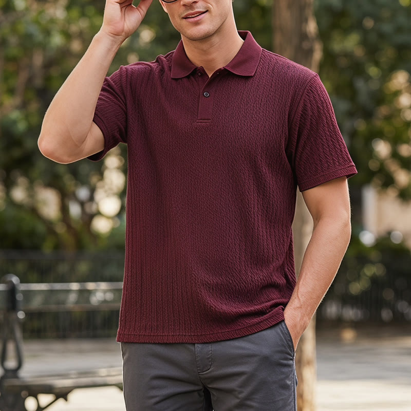 Men's Breathable Textured Knit Relaxed Fit Casual Polo Shirt - Wine - 3XL - image 9