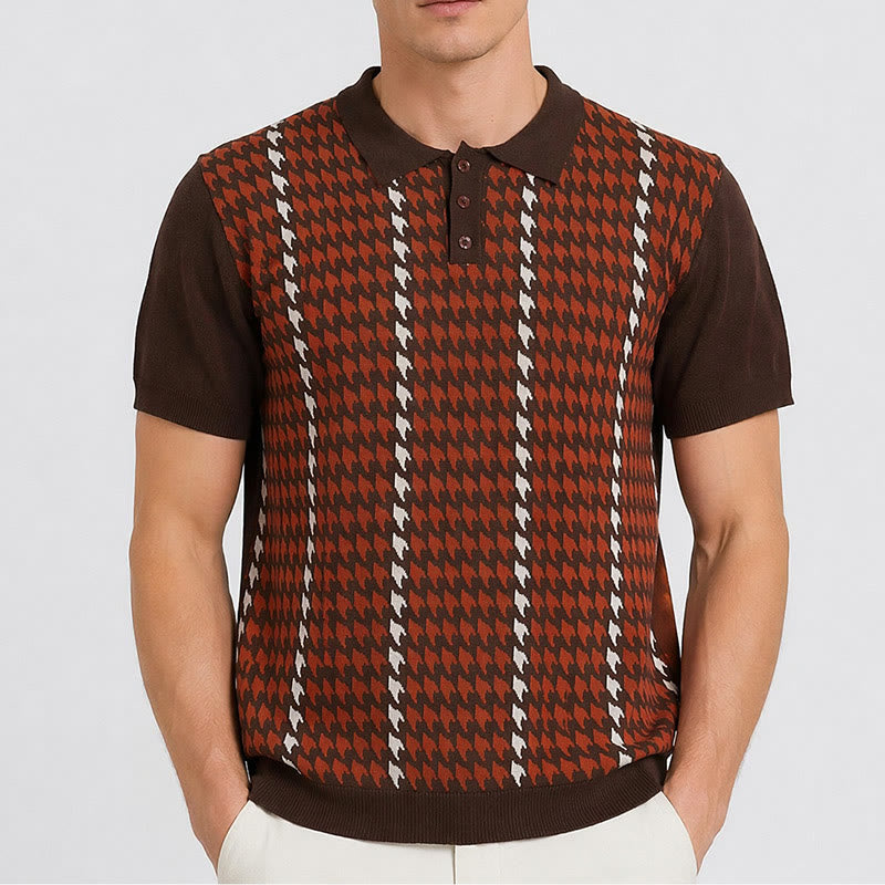 Men's Houndstooth Pattern Knit Short Sleeve Polo Shirt - image 1