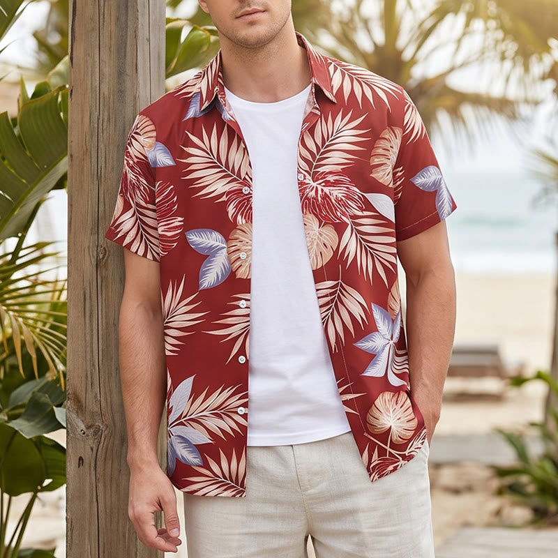 Men's Vibrant Holiday Red Tropical Leaf Print Short Sleeve Shirt - Red - 4XL - image 0