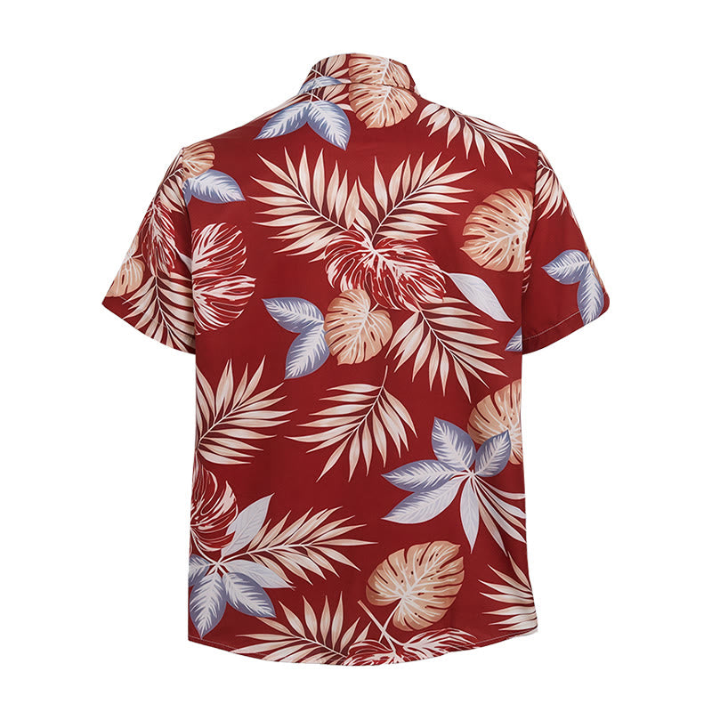 Men's Vibrant Holiday Red Tropical Leaf Print Short Sleeve Shirt - image 10