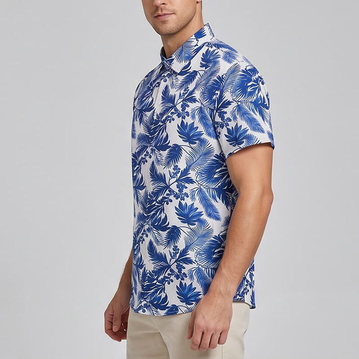 Men's Hawaiian Style Blue Leaf Print Short Sleeve Shirt - image 2