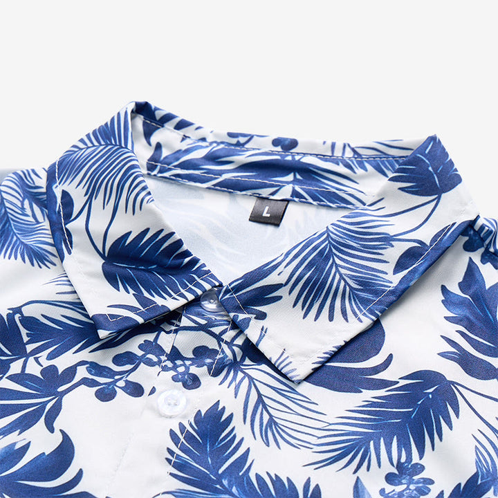 Men's Hawaiian Style Blue Leaf Print Short Sleeve Shirt - image 4