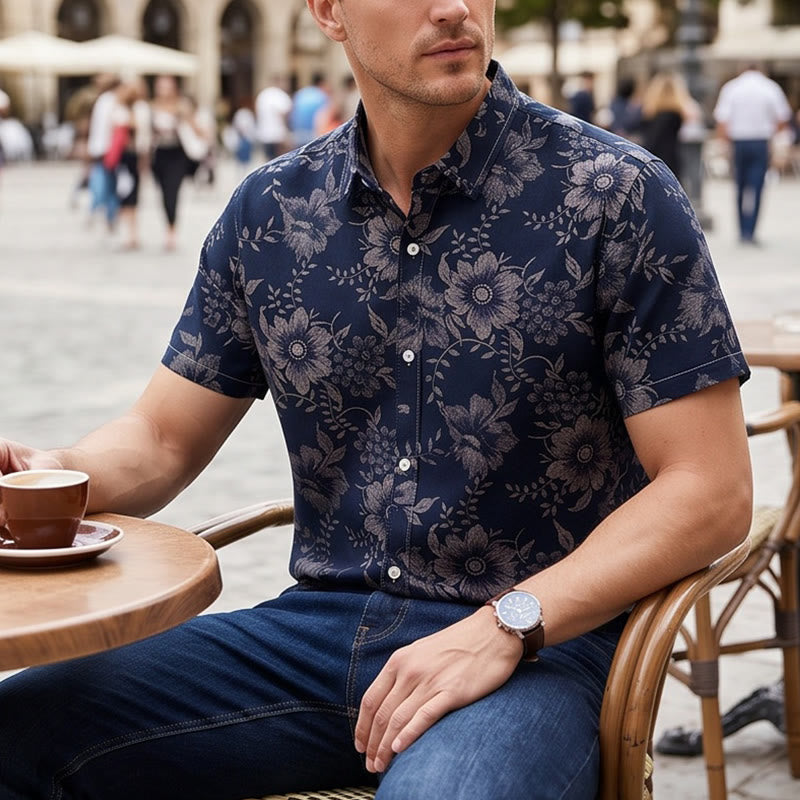 Men's Holiday Floral Print Short Sleeve Casual Shirt - Black - 5XL - image 7