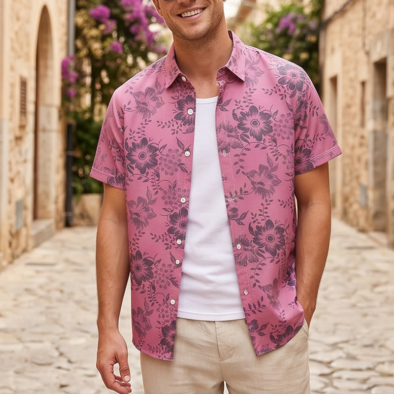 Men's Holiday Floral Print Short Sleeve Casual Shirt - Pink - 5XL - image 4