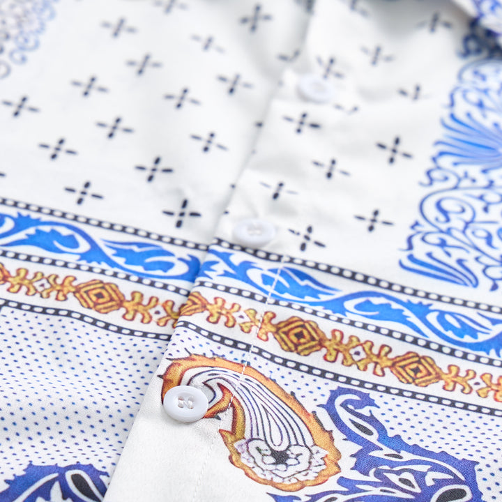 Blue & Orange Paisley & Geometric Patchwork Print Shirt - image 5