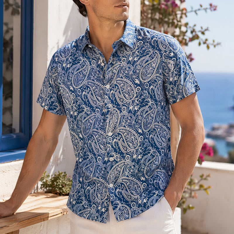 Navy & Beige Laid-Back Paisley Print Short-Sleeve Shirt - Navy & Beige - 5XL - image 0