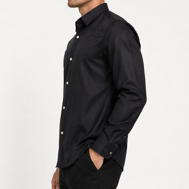 Men's Black Floral Print Western Yoke Dress Shirt - image 2