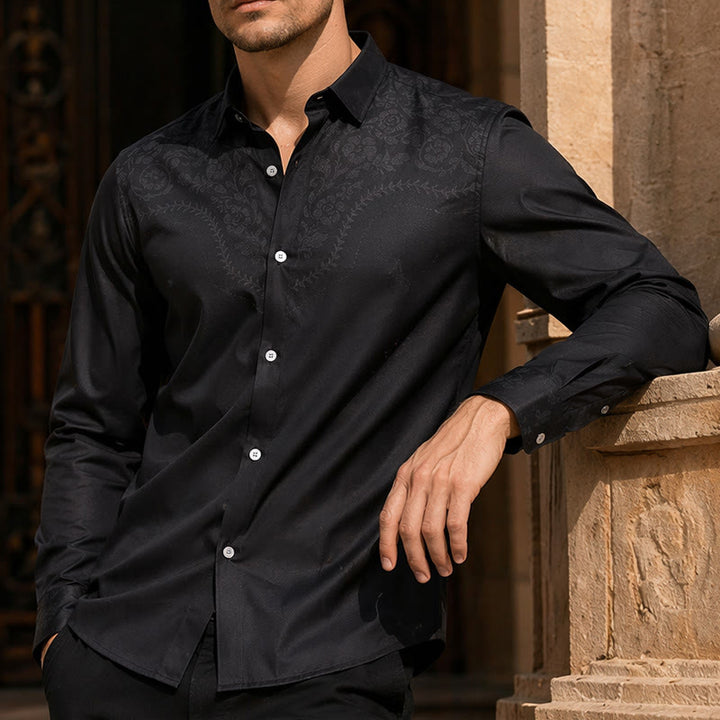 Men's Black Floral Print Western Yoke Dress Shirt - Black - 6XL - image 0