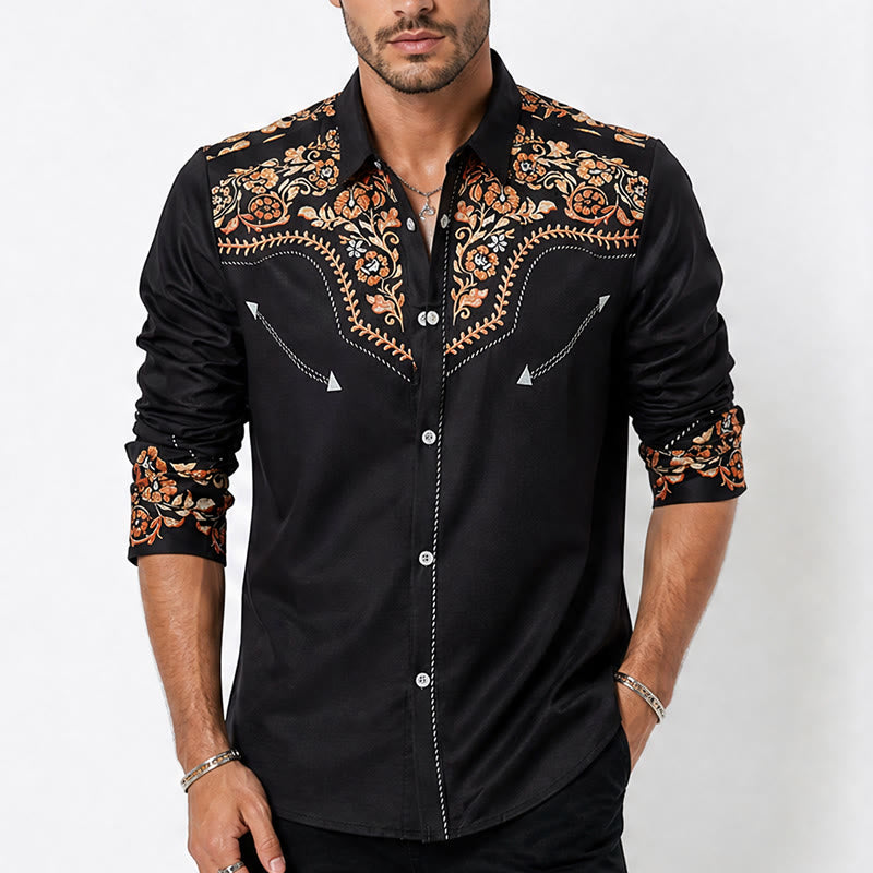 Men's Rodeo Style Black & Red Floral Print Dress Shirt - image 1