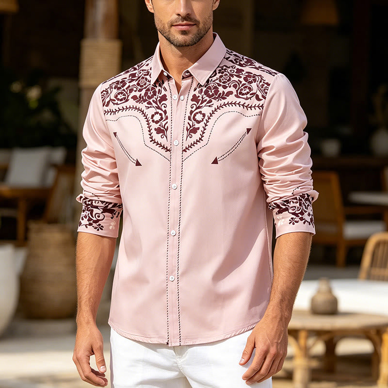 Men's Beige & Brown Floral Print Country Style Dress Shirt - Beige - 6XL - image 0