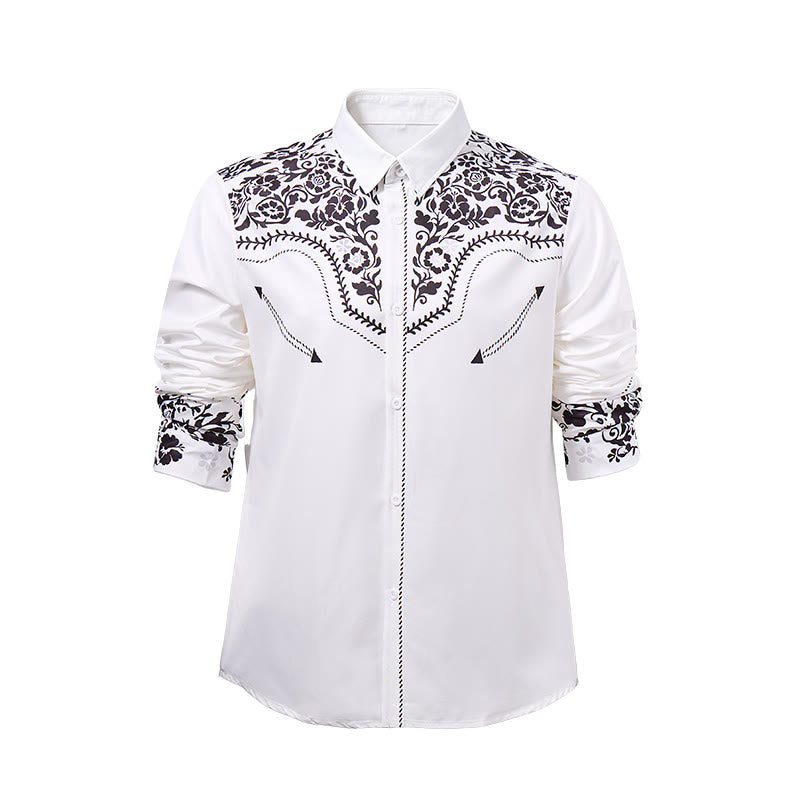 Men's Elegant White & Black Floral Print Western Dress Shirt - image 8