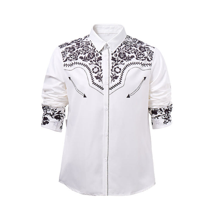 Men's Elegant White & Black Floral Print Western Dress Shirt - image 8