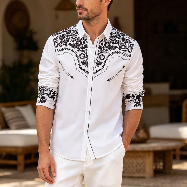 Men's Elegant White & Black Floral Print Western Dress Shirt - White - 6XL - image 0