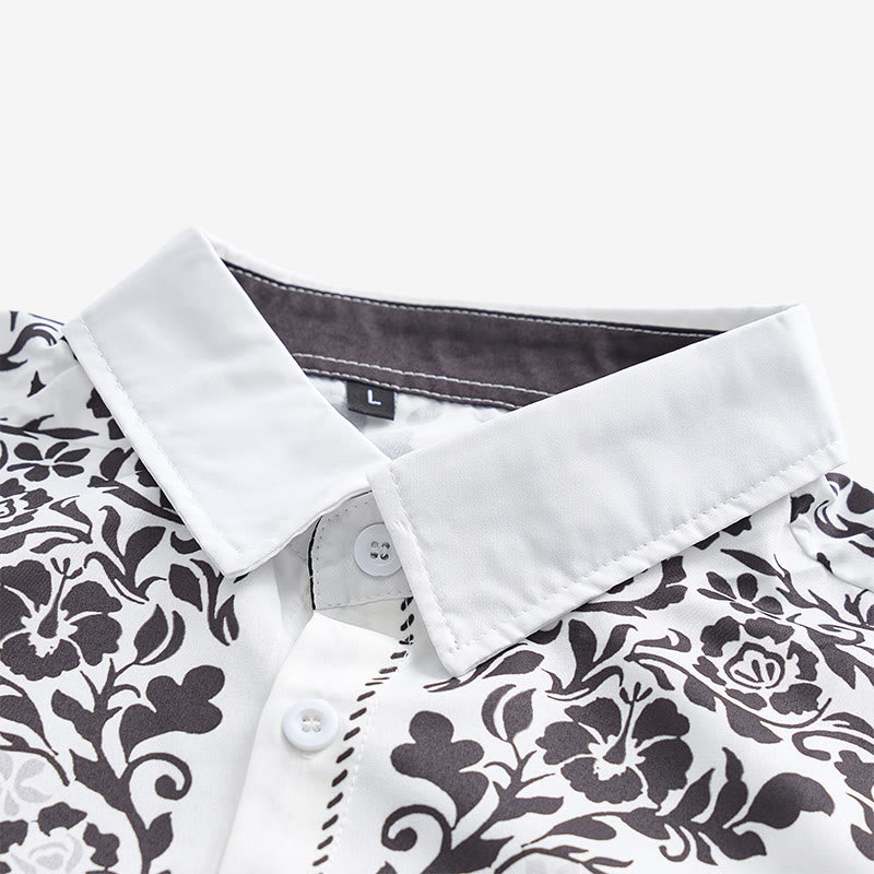 Men's Elegant White & Black Floral Print Western Dress Shirt - image 4