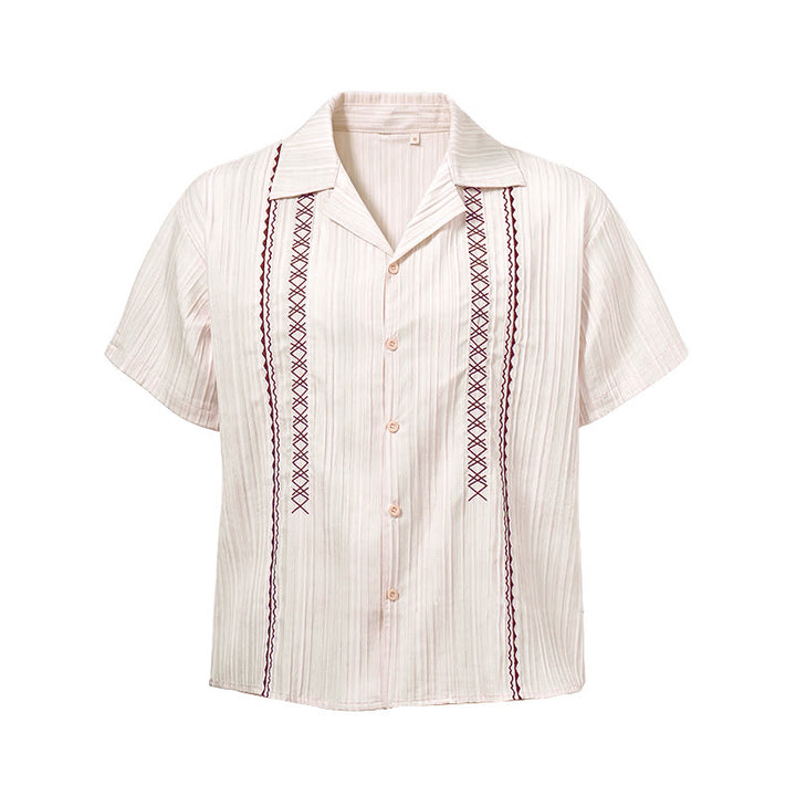 Artisanal Beige Textured Shirt With Black Embroidery - image 9