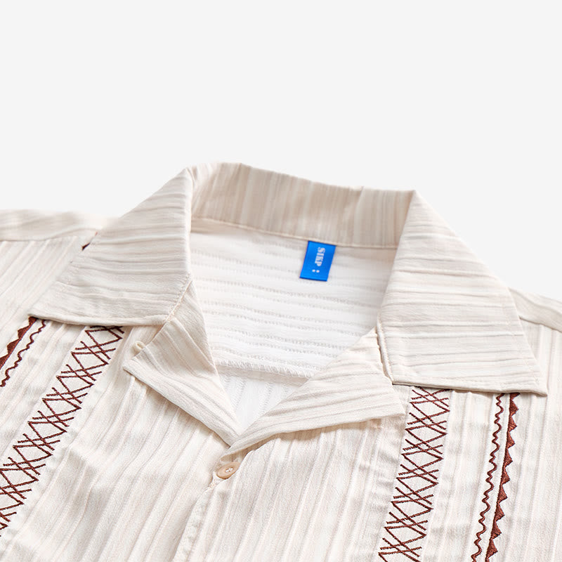 Artisanal Beige Textured Shirt With Black Embroidery - image 4