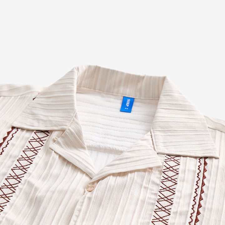 Artisanal Beige Textured Shirt With Black Embroidery - image 4