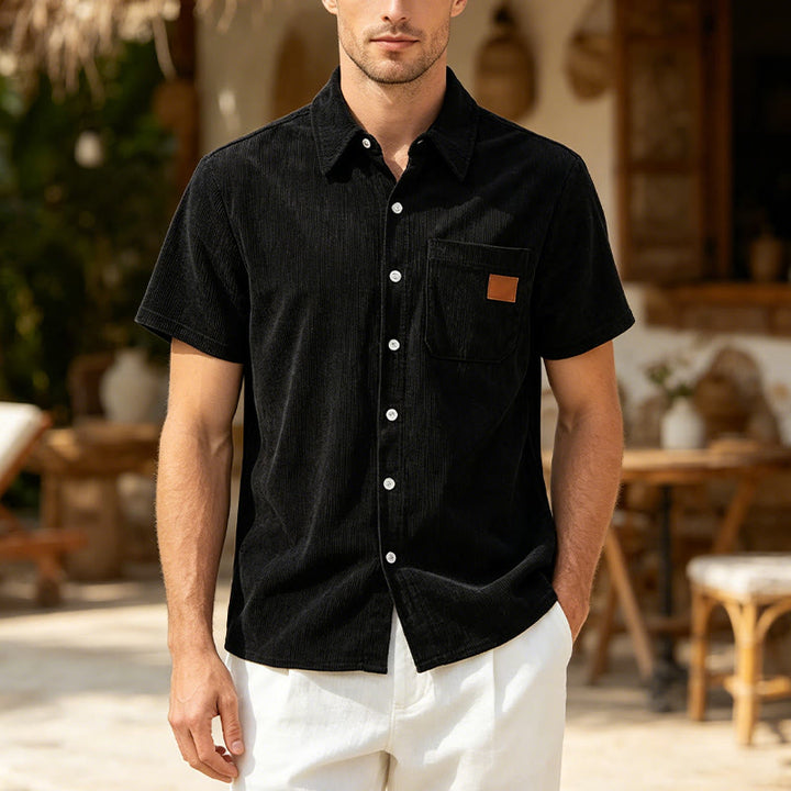 Men's Retro Workwear Corduroy Shirt With Leather Label Pocket  - Black - 4XL - image 5