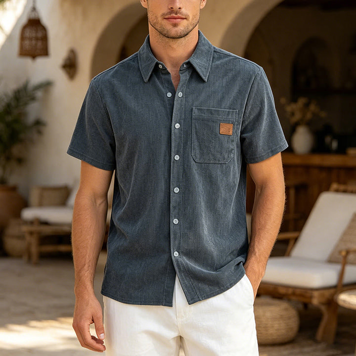 Men's Retro Workwear Corduroy Shirt With Leather Label Pocket  - Navy - 4XL - image 6
