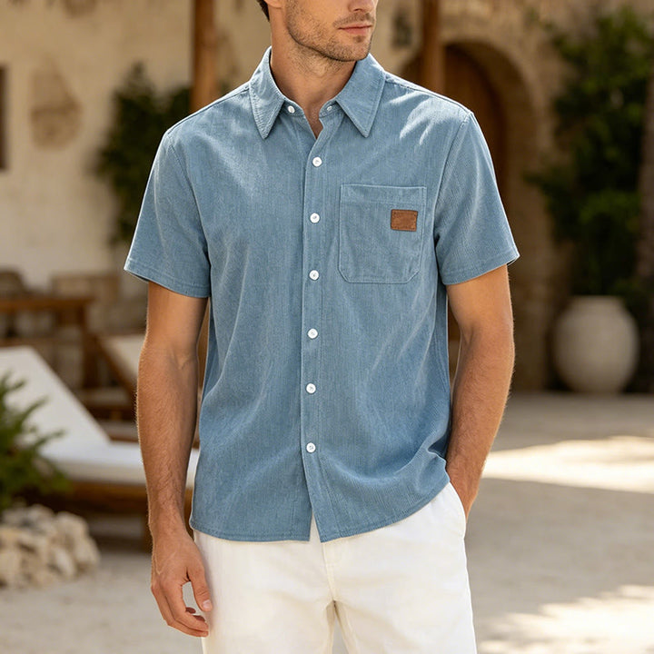 Men's Retro Workwear Corduroy Shirt With Leather Label Pocket  - Light Blue - 4XL - image 7