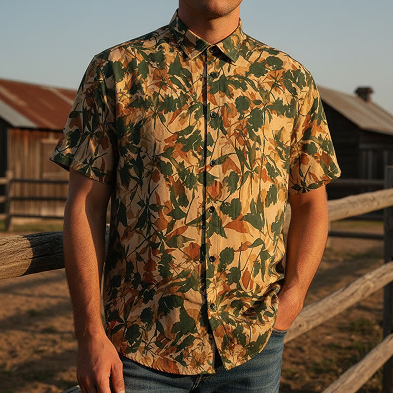 Men's Earthy Green & Beige Botanical Leaf Print Shirt - Earthy Green & Beige - 5XL - image 0