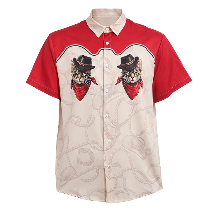 Men's Red & Beige Western Playful Cowboy Cat Print Shirt - image 4