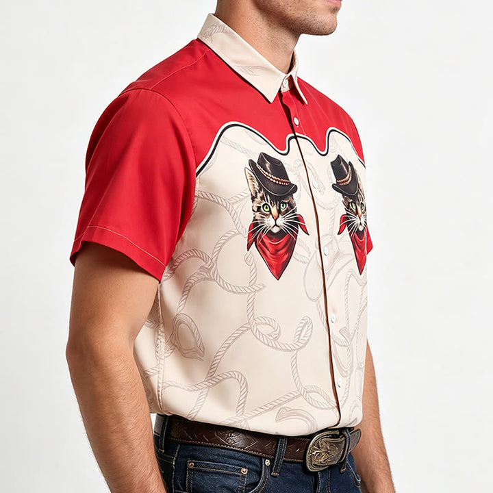Men's Red & Beige Western Playful Cowboy Cat Print Shirt - image 2