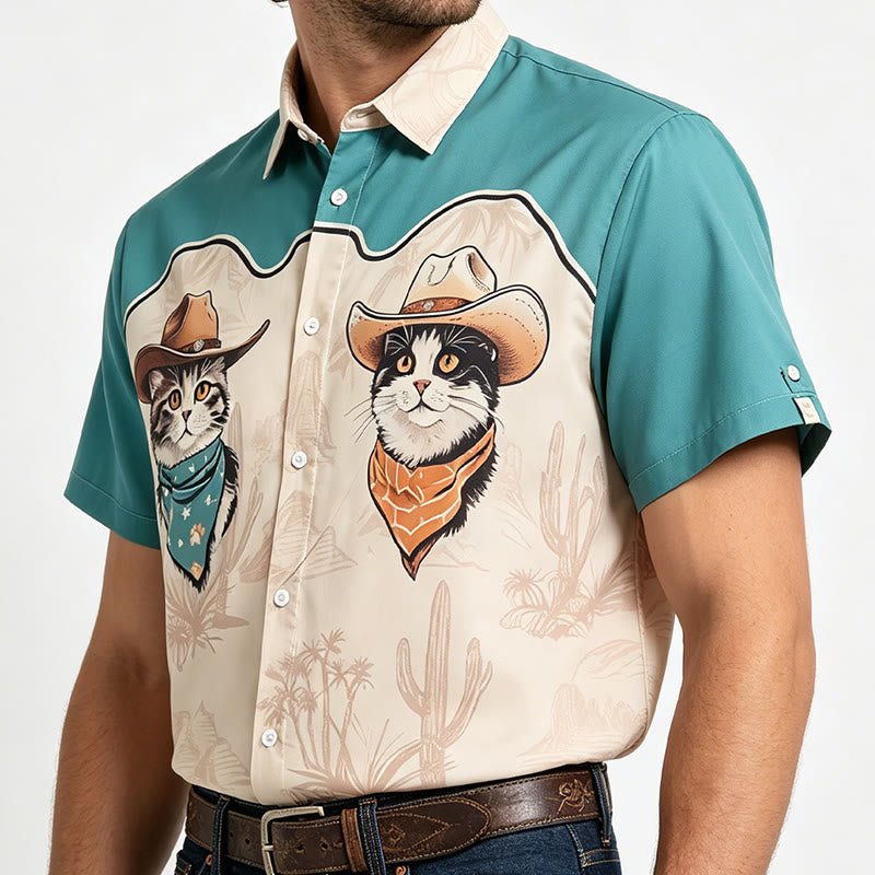 Men's Teal & Beige Western Desert Cowboy Cat Print Shirt - image 2