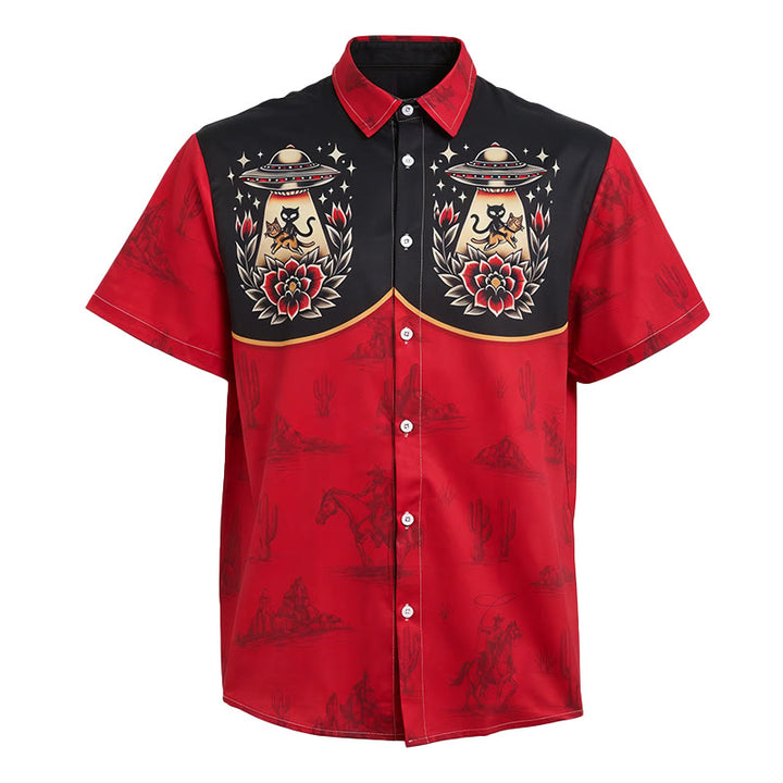 Men's Weirdcore Novelty Alien Cat Western Themed Print Shirt - image 4