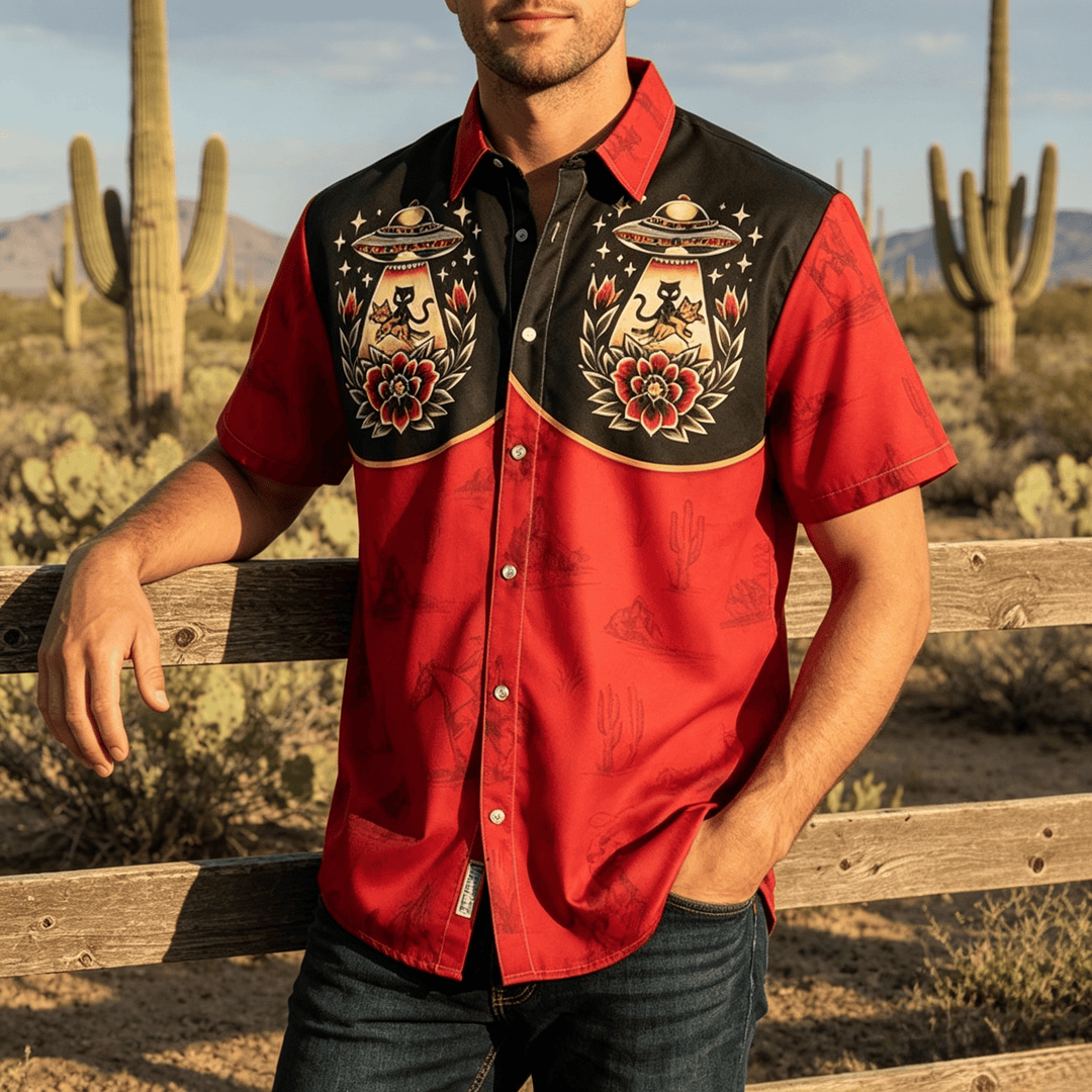 Men's Weirdcore Novelty Alien Cat Western Themed Print Shirt - image 0
