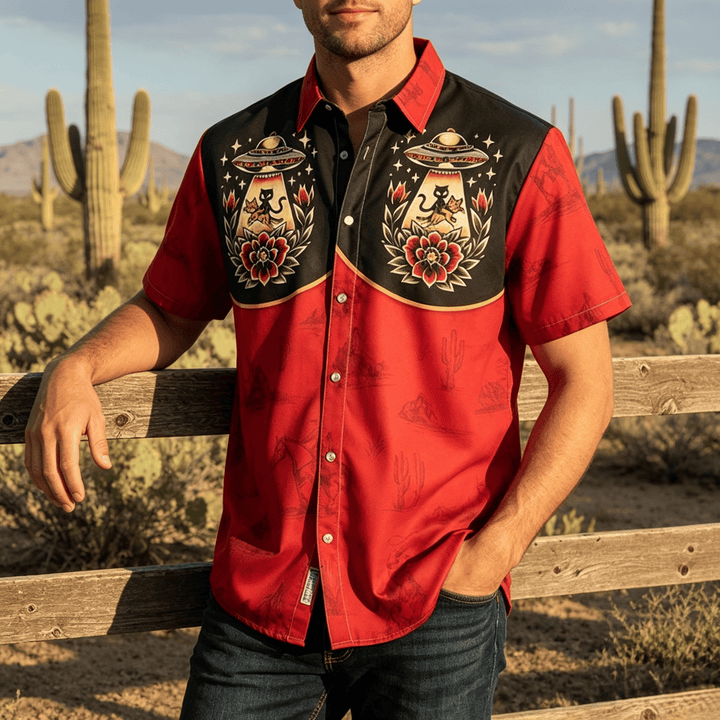 Men's Weirdcore Novelty Alien Cat Western Themed Print Shirt - image 0