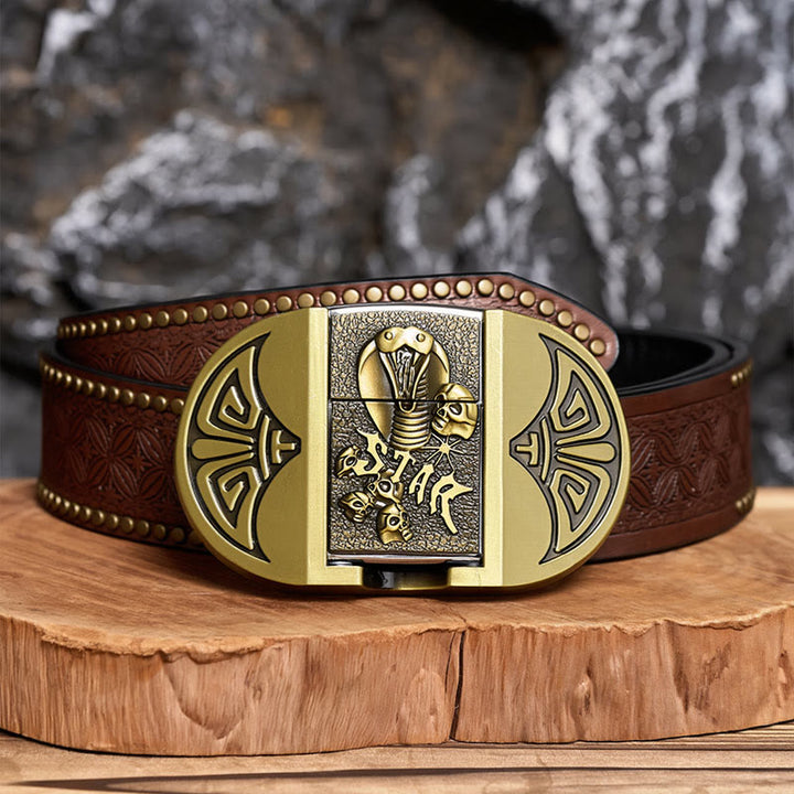 Men's DIY Gothic Cobra Skull Leather Belt With Hidden Lighter - Bronze - Brown Rivet Belt - 42 - image 4